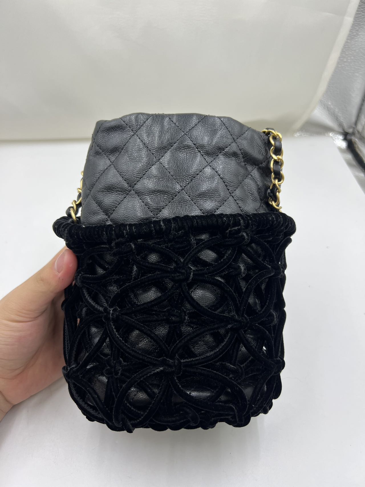 Chanel - Bucket Bag - Velvet mesh and quilted lambskin leather - Black - (mini)