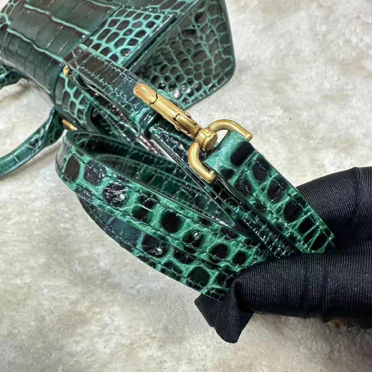 Balenciaga - Hourglass - Calfskin leather with crocodile embossing - Green with black detailing - (mini)