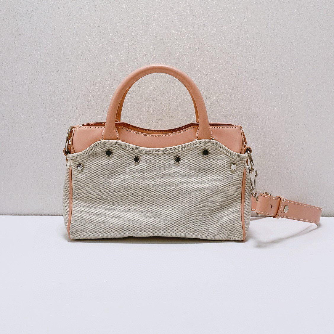 Balenciaga - Mini City Boston Bag - Canvas with leather trim - Pink and Natural Canvas with Silver-Tone Hardware - (mini)