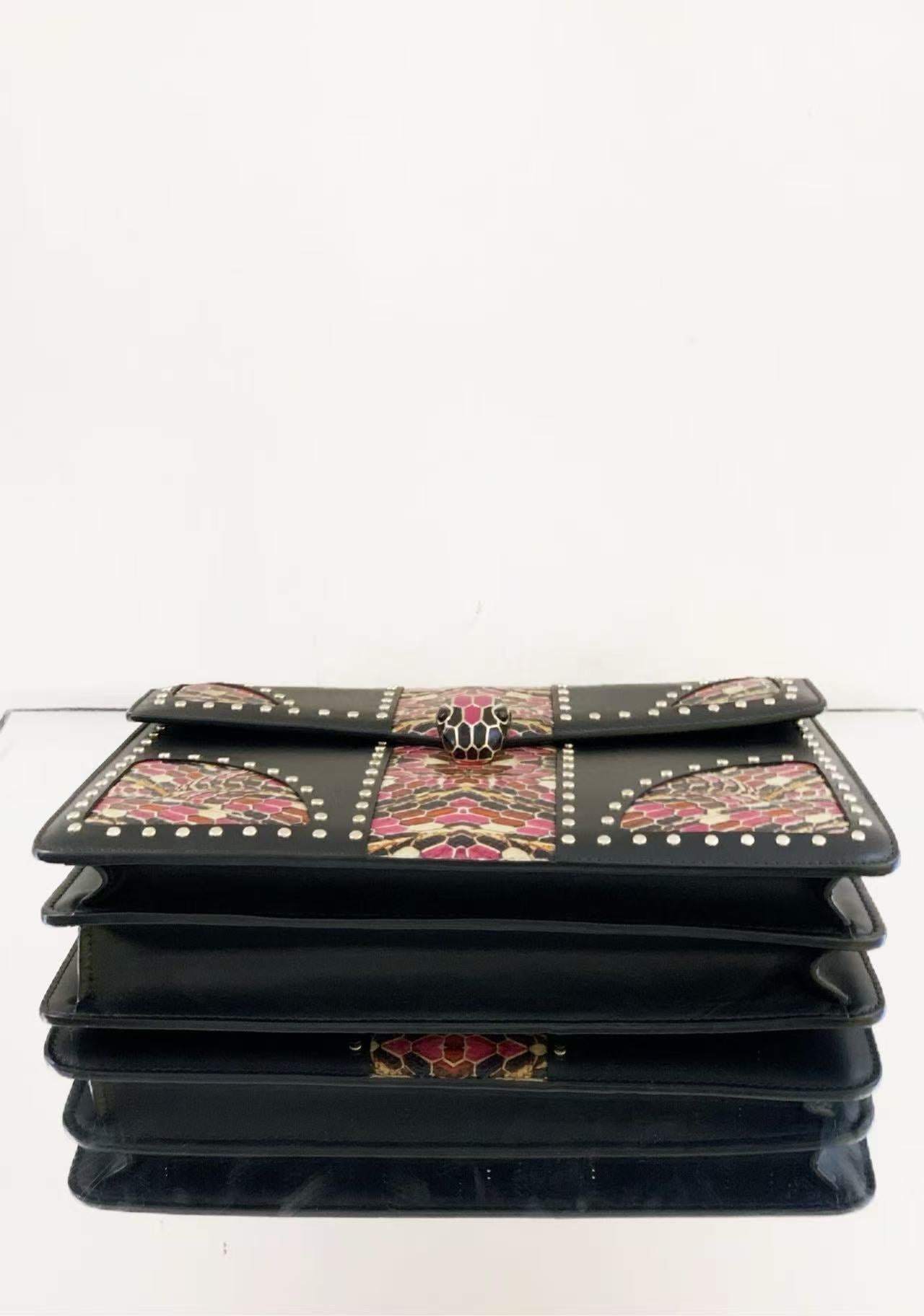 Bvlgari - Serpenti Forever Accordion Bag - Smooth leather with python skin patchwork - Black with multicolour python accents - (Medium)