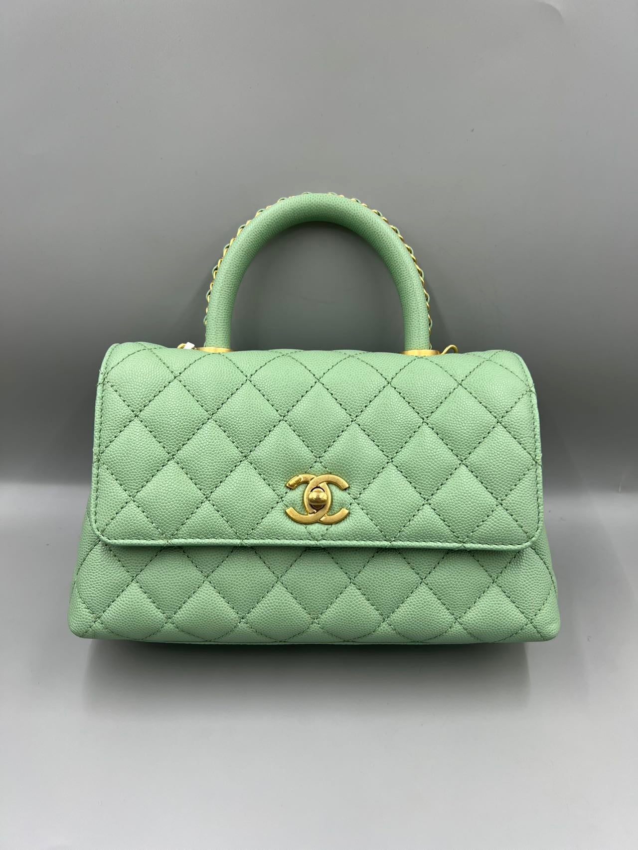 Chanel - Coco Handle Flap Bag - Grained calfskin leather - Pastel Green with Gold-Tone Hardware - (Small)