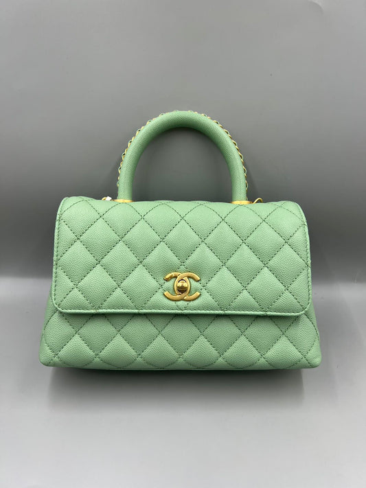 Chanel - Coco Handle Flap Bag - Grained calfskin leather - Pastel Green with Gold-Tone Hardware - (Small)