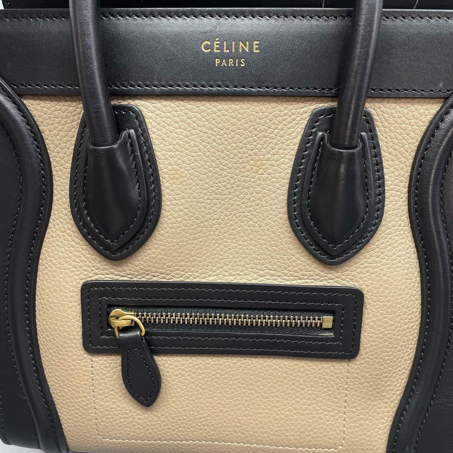 Celine - Luggage Nano - Grained calfskin leather and suede - Multicolour (Beige, Black, Orange) with Gold-Tone Hardware - (mini)