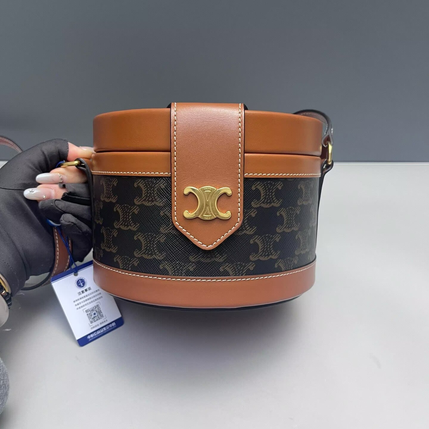 Celine - Tambour Round Bag - Triomphe canvas and leather - Brown - (mini)