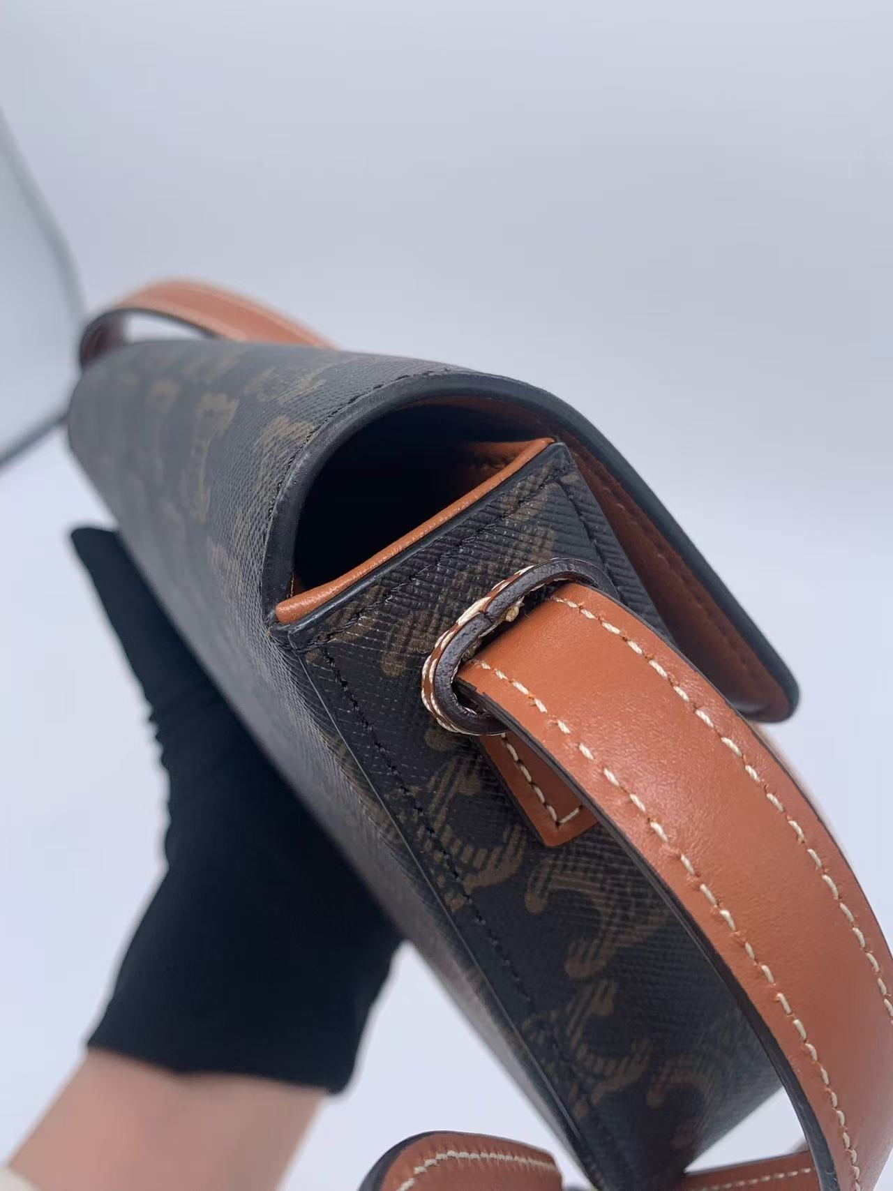 Celine - Triomphe Canvas Shoulder Bag - Triomphe Canvas with calfskin leather trim, lambskin lining - Dark Brown with Tan Trim and Gold-Tone Hardware - (mini)
