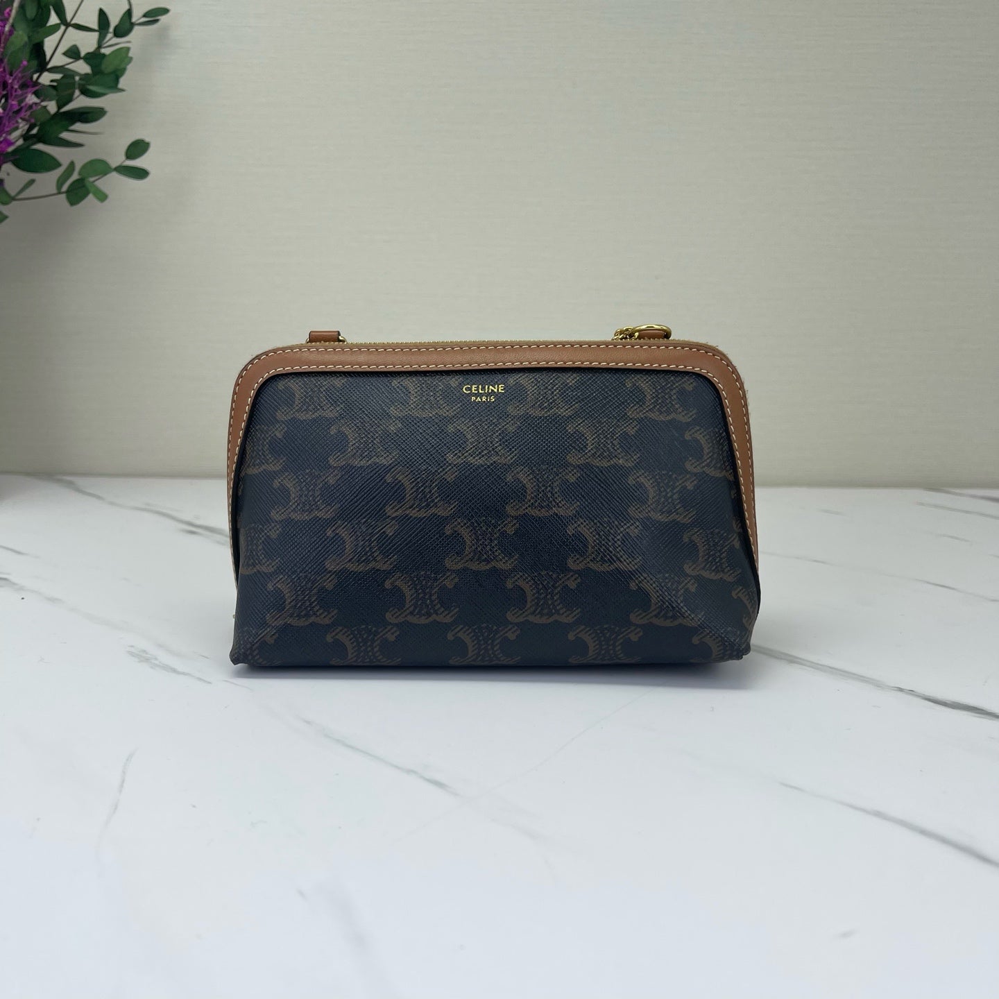 Celine - Triomphe Pouch with Chain - Triomphe coated canvas with leather trim - Brown with Tan Trim - (Mini)