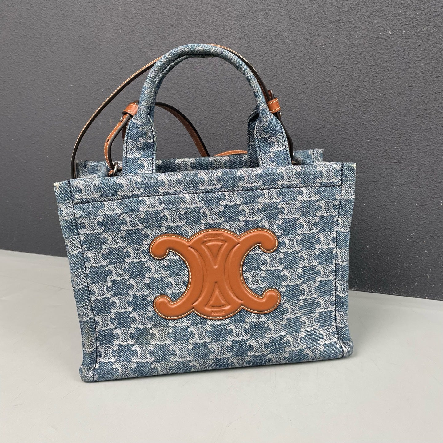 Celine - Triomphe Tote Bag - Denim canvas with leather trim - Blue - (Small)