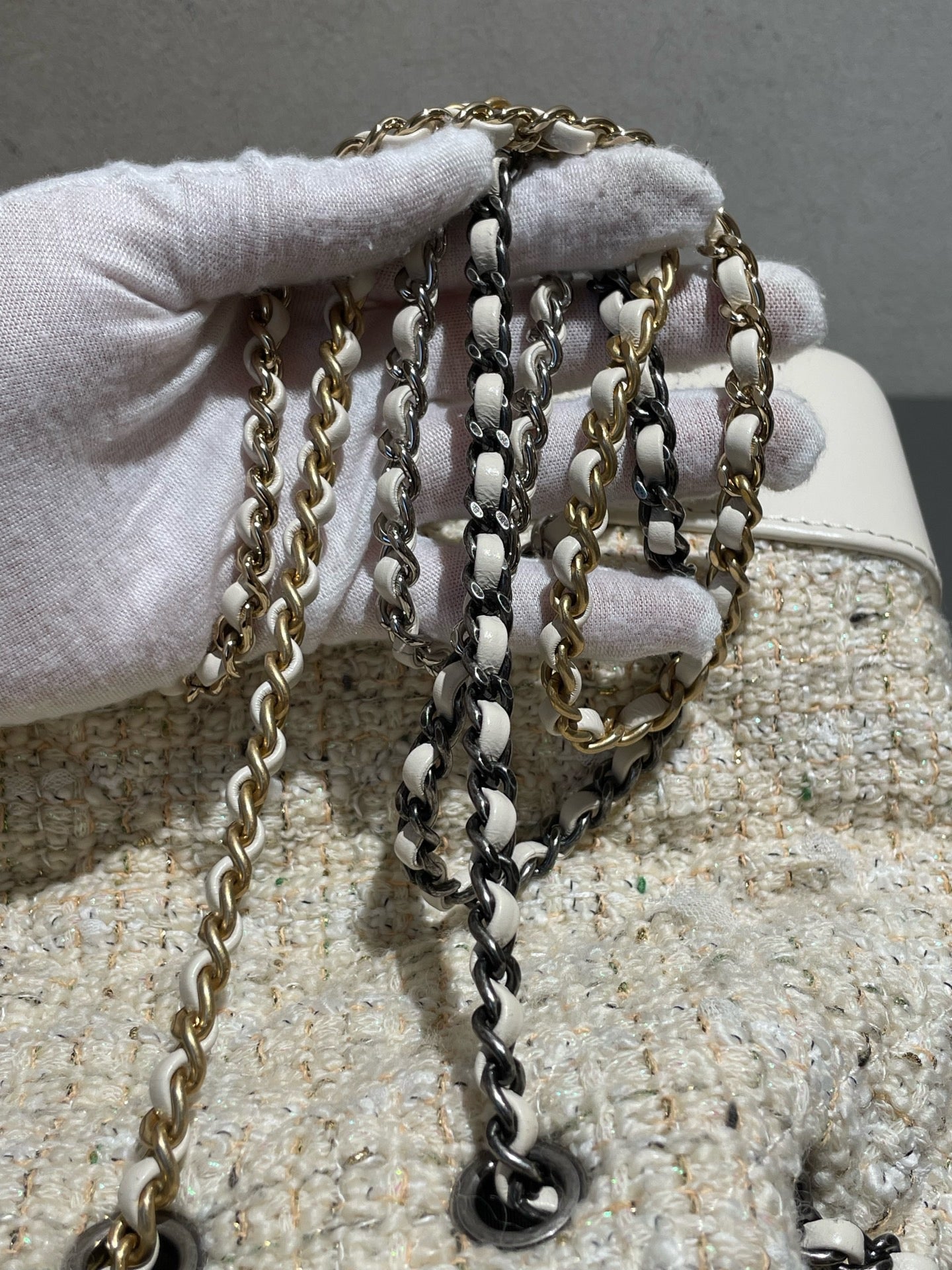 Chanel - Gabrielle Mixed Metal Chain Backpack - Tweed and Calfskin Leather - Milky Yellow (Beige) with Mixed Metal Hardware - (Small)