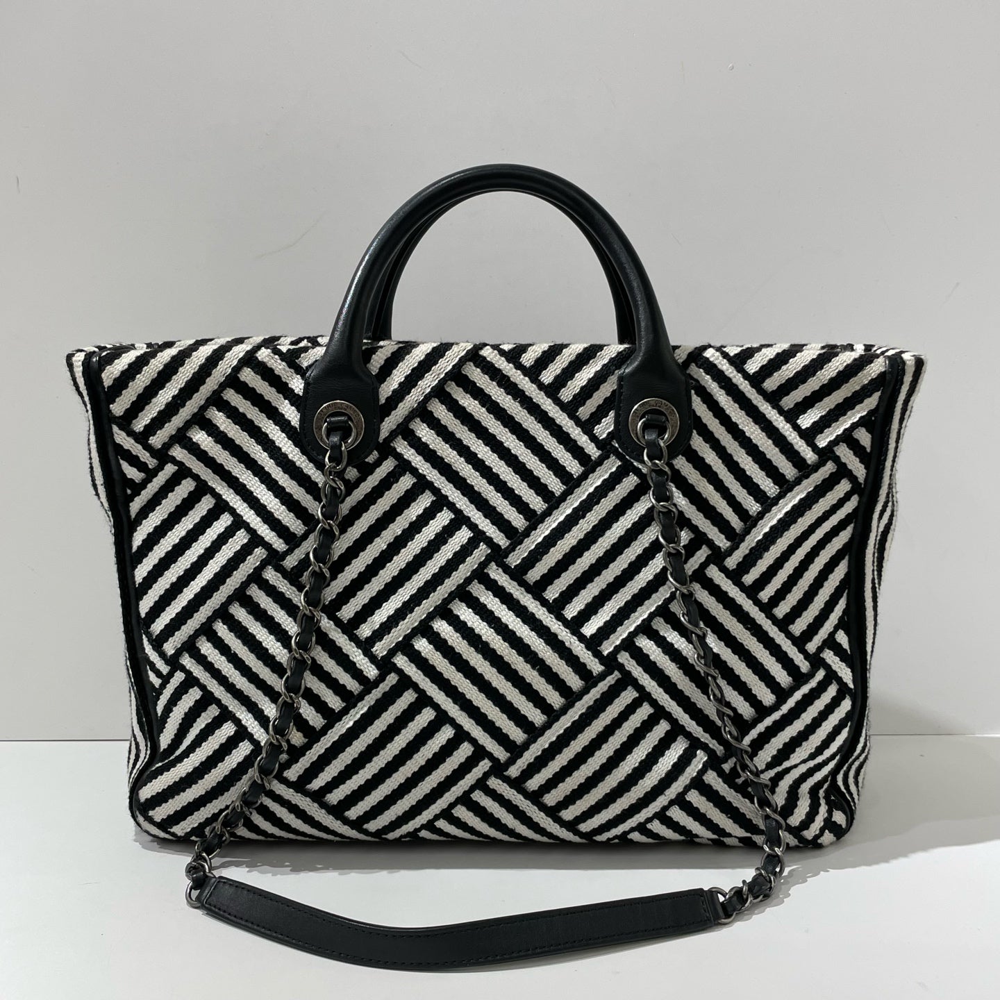 Chanel - Striped Patchwork Tote Handbag - Canvas and Leather - Black and White with Silver-Tone Hardware - (large)