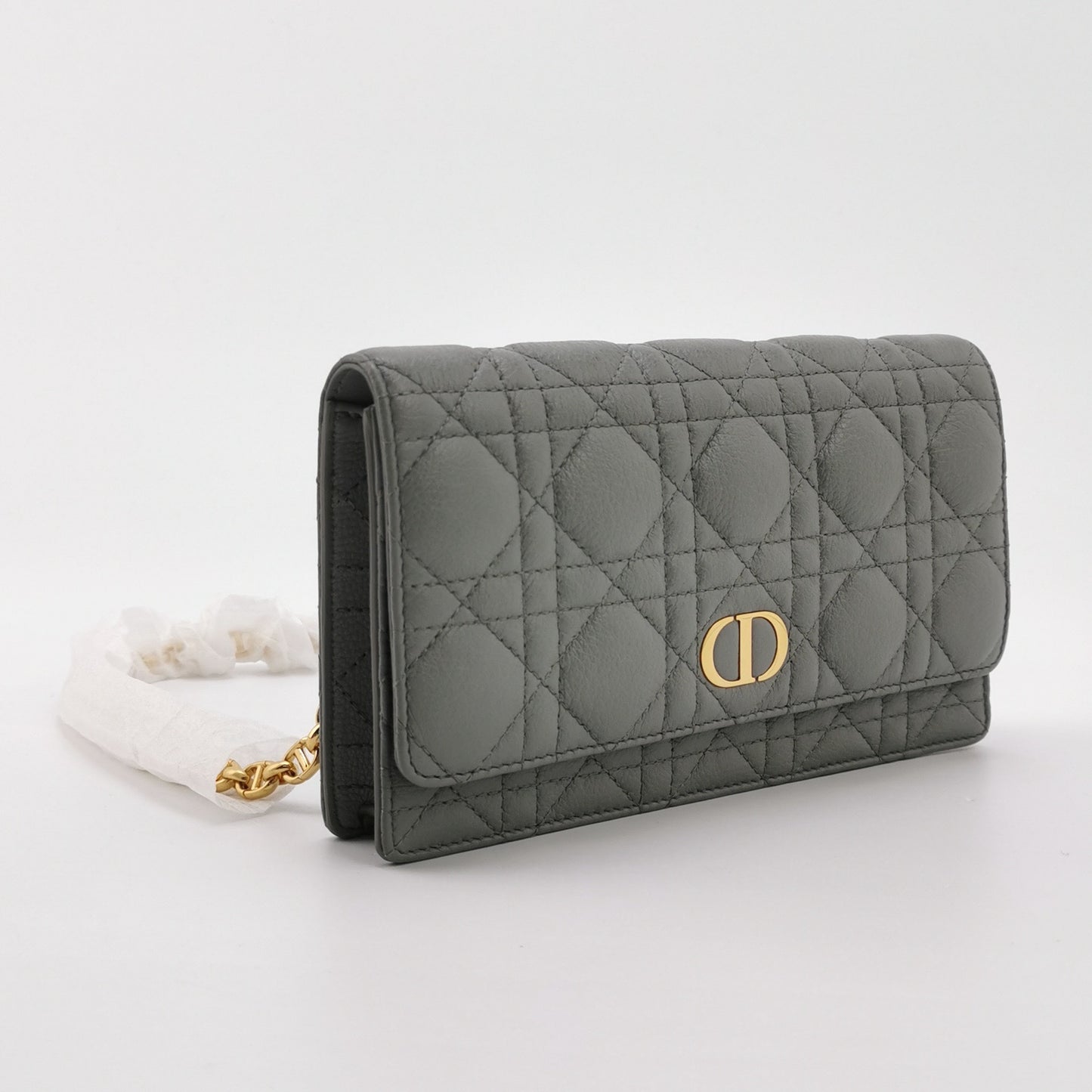 Dior - Caro Wallet on Chain - Grained calfskin leather - Grey - (mini)