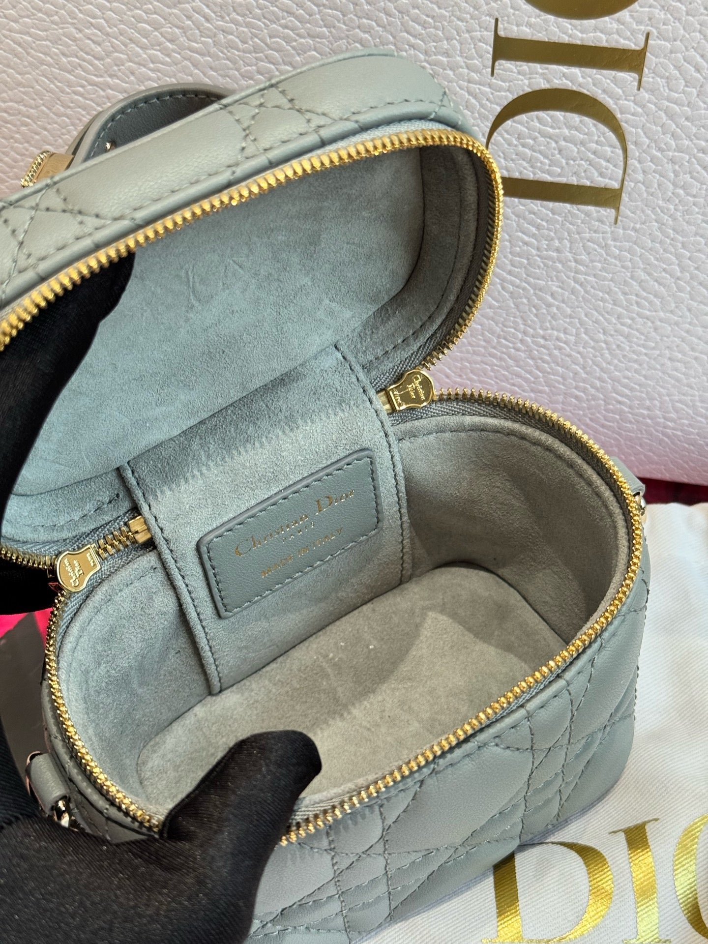 Dior - DiorTravel Vanity Case - Cannage-quilted lambskin leather - Blue-Grey with Gold-Tone Hardware - (mini)