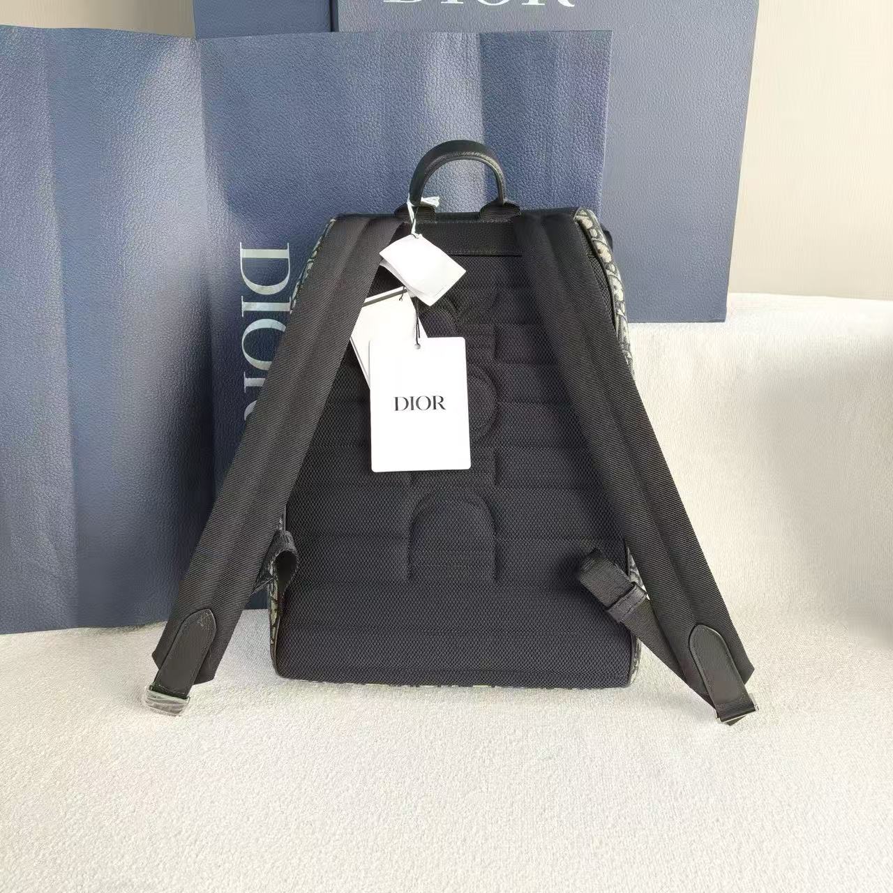 Dior - Oblique Backpack - Embroidered canvas and black cowhide leather - Blue and Black - (large)