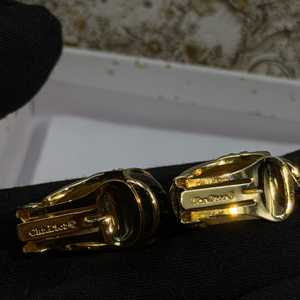 Dior - Other - Gold-tone metal with black enamel and clear rhinestone embellishments. - Black