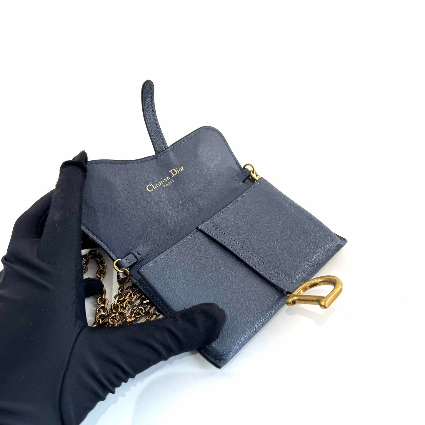 Dior - Saddle Nano Chain Card Holder - Grained leather - Navy - (mini)