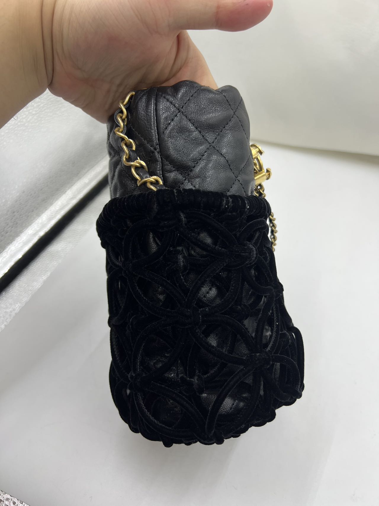 Chanel - Bucket Bag - Velvet mesh and quilted lambskin leather - Black - (mini)