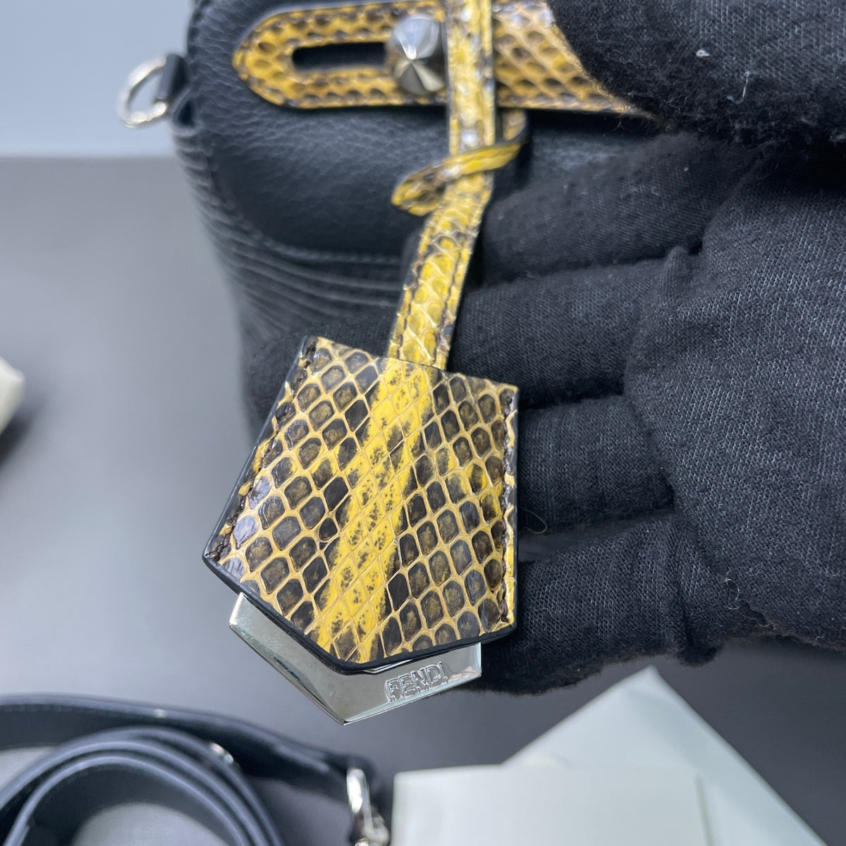 Fendi - Boston Bag with Snake-Effect Leather Accents - Cloth - Black