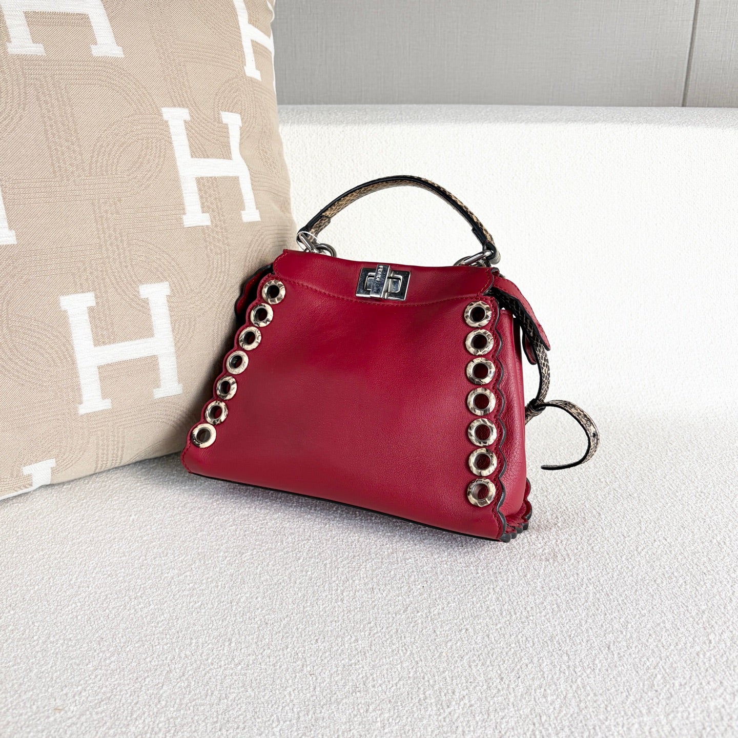 Fendi - Peekaboo - Leather and exotic snakeskin - Red with silver-tone hardware - (mini)