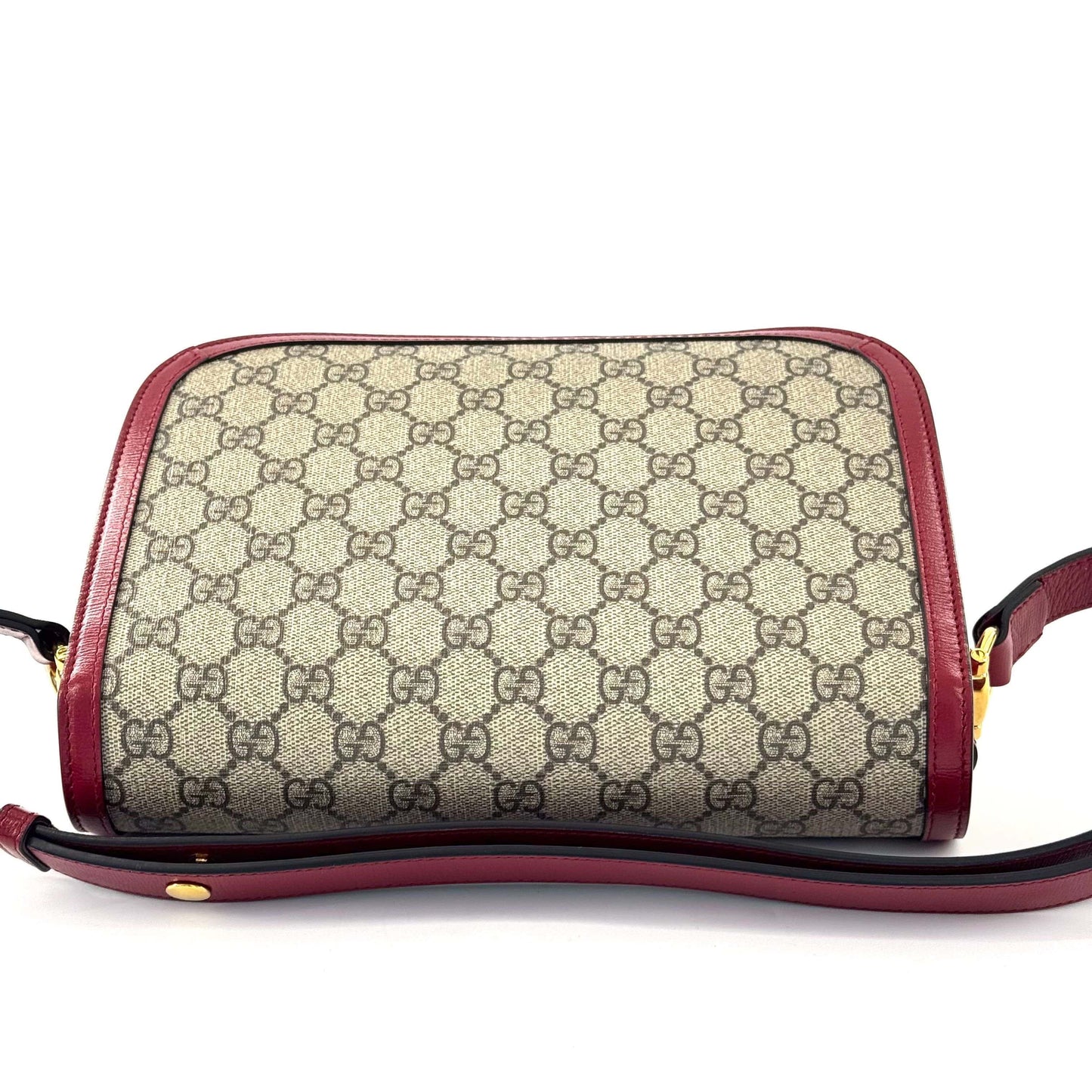 Gucci - 1955 Horsebit Shoulder Bag - GG Supreme coated canvas with leather trim - Beige/Ebony monogram with red accents - (medium)