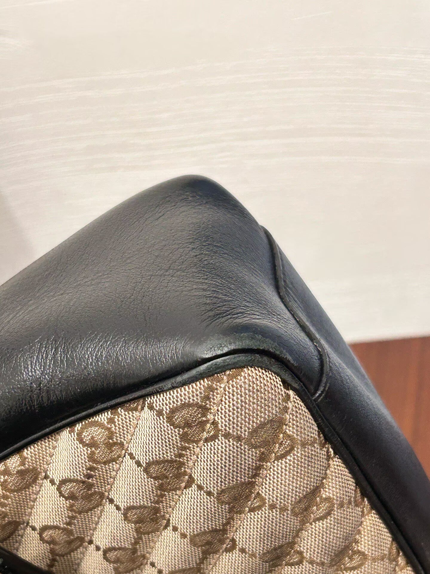 Gucci - GG Marmont Top Handle Bag - GG Monogram canvas with black leather trim - Beige, brown, and black with gold-tone hardware - (Medium)