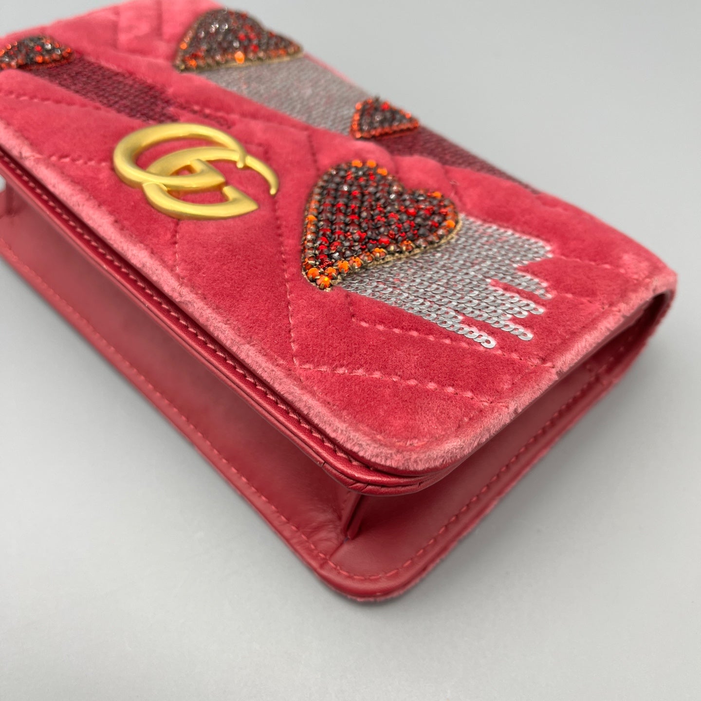 Gucci - GG Marmont Velvet Wallet on Chain with Crystal and Sequin Embellishments - Velvet and Leather - Pink - (mini)