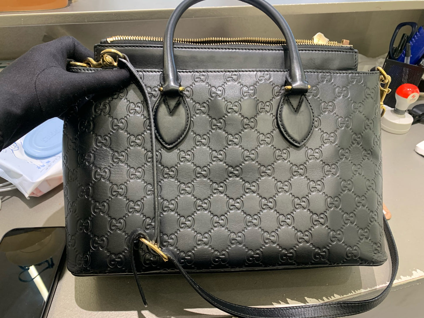 Gucci - Guccissima Leather Top Handle Tote - Leather - Black - (Medium)