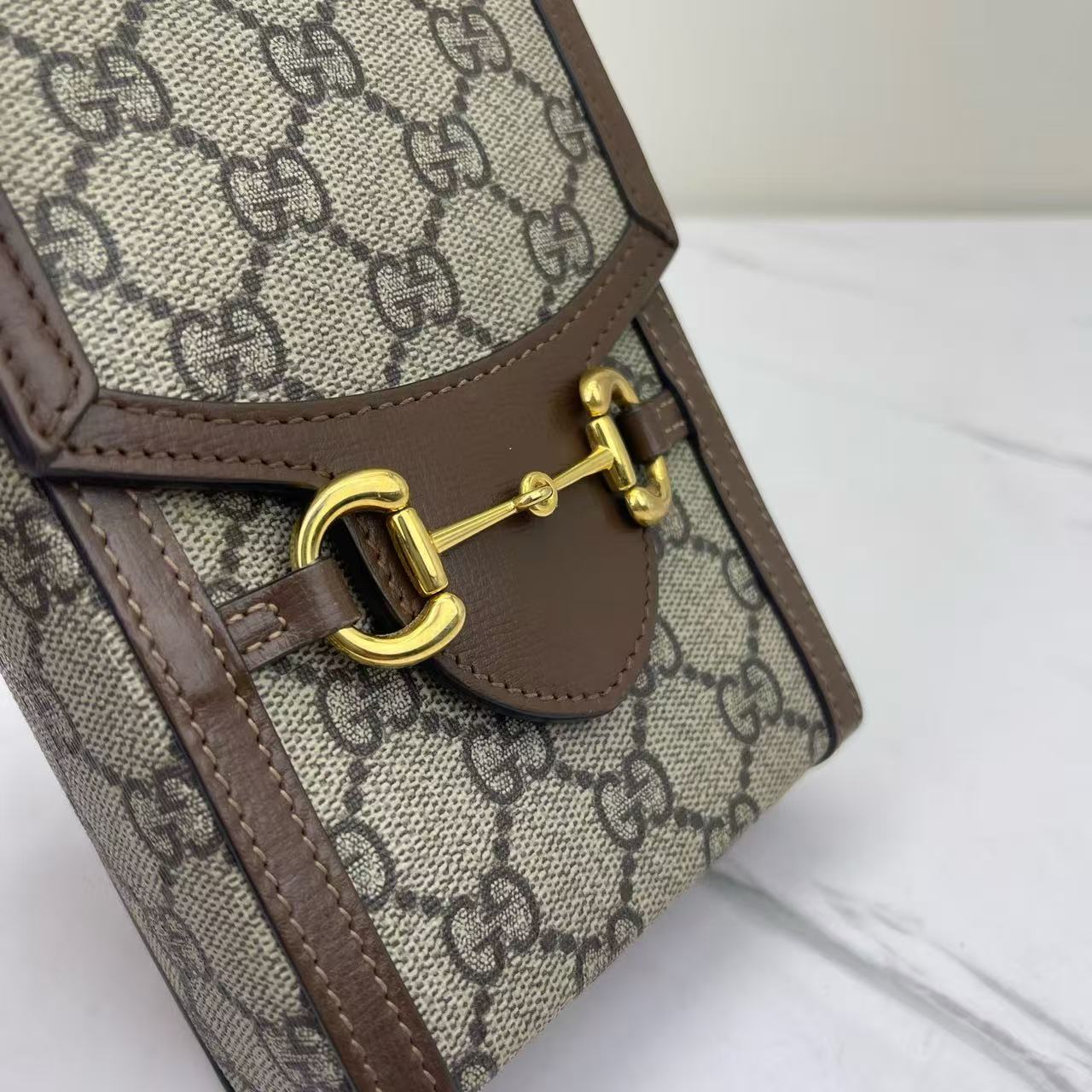 Gucci - Horsebit 1955 - GG Supreme canvas with leather trim - Beige/Ebony with Brown Trim - (mini)