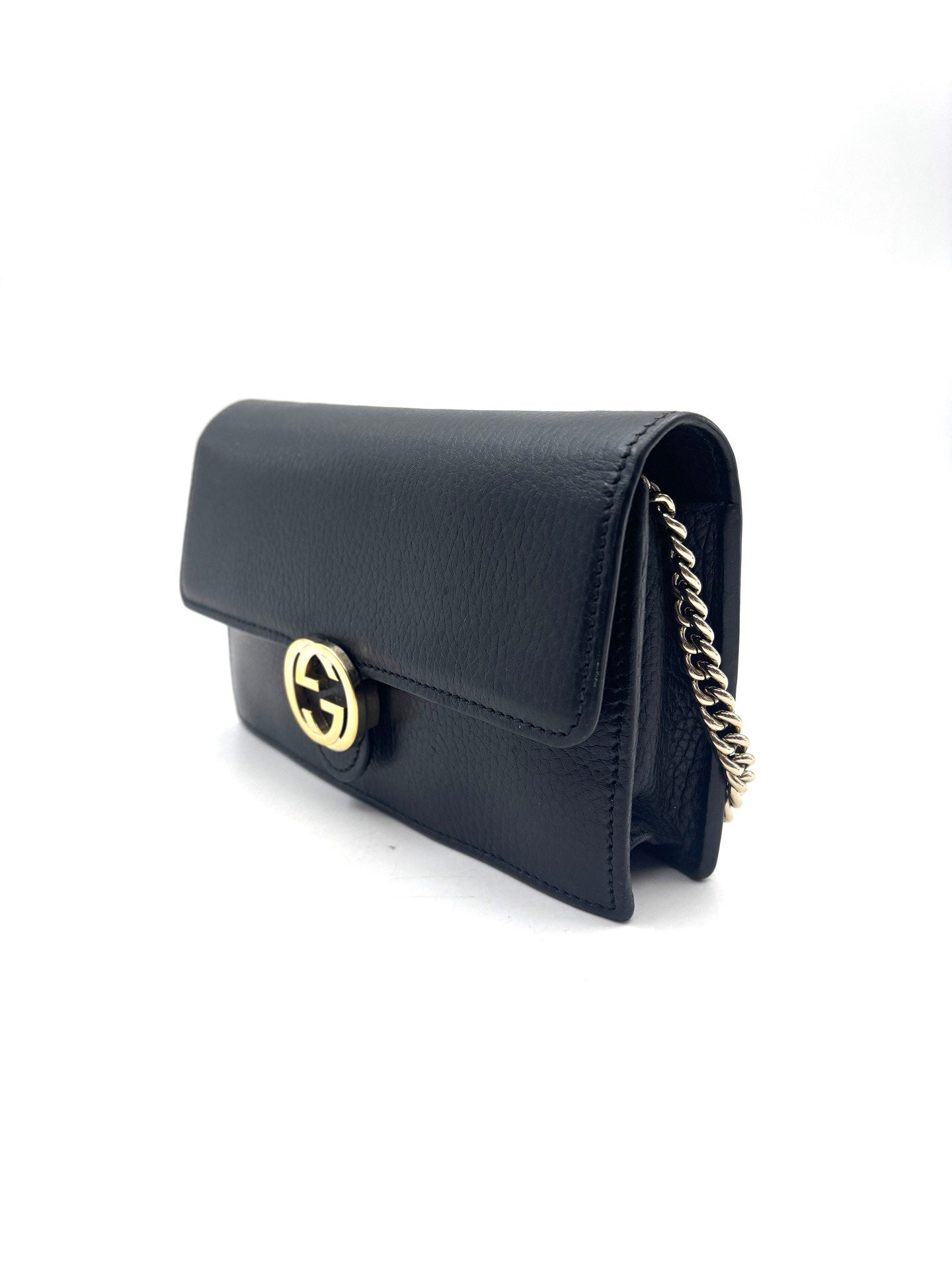 Gucci - Interlocking G Chain Wallet - Grained leather - Black with Gold-Tone Hardware - (mini)