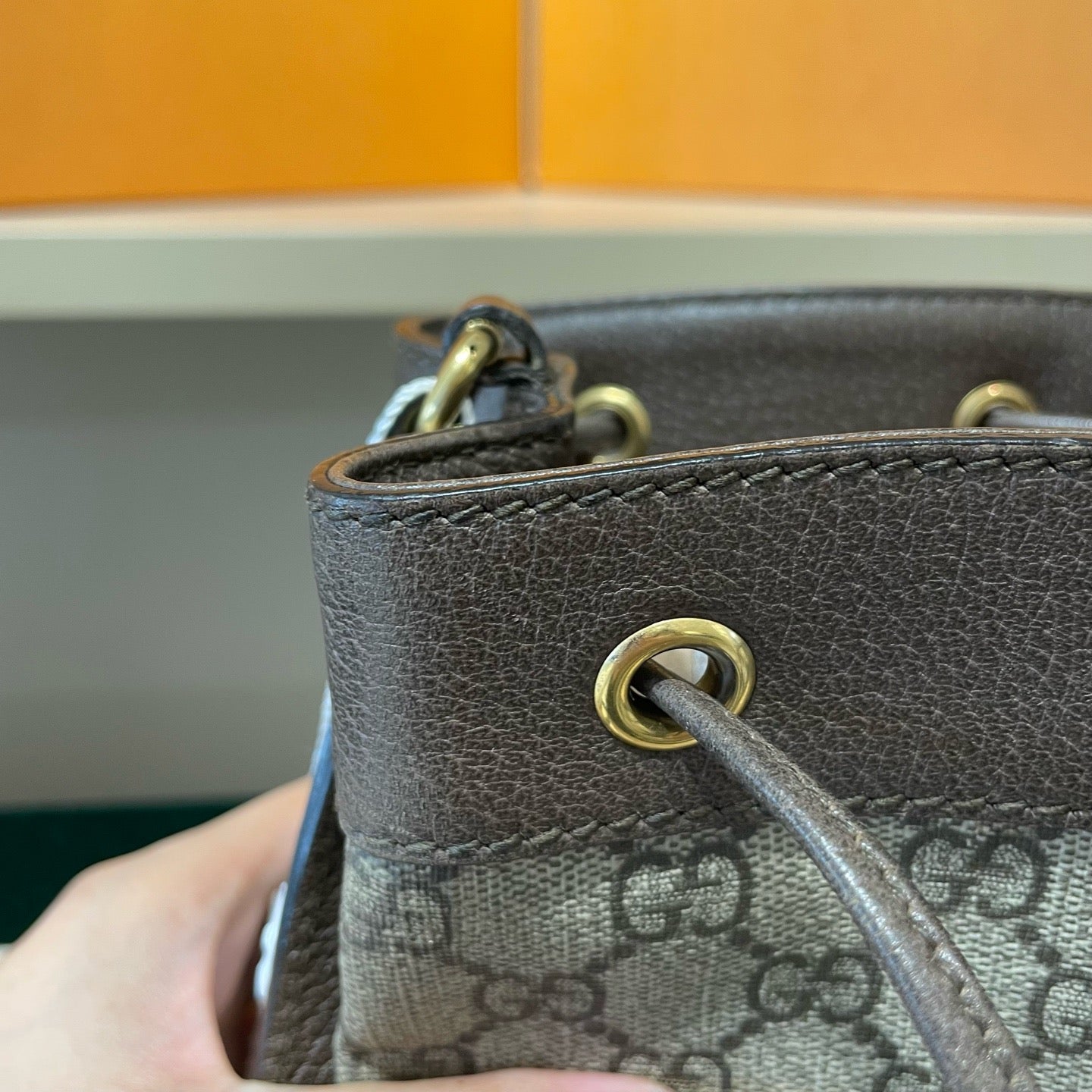 Gucci - Ophidia Mini Bucket Bag - GG Supreme coated canvas with brown leather trim - Beige/Ebony with Brown trim and Red/Green Web stripe - (Mini)
