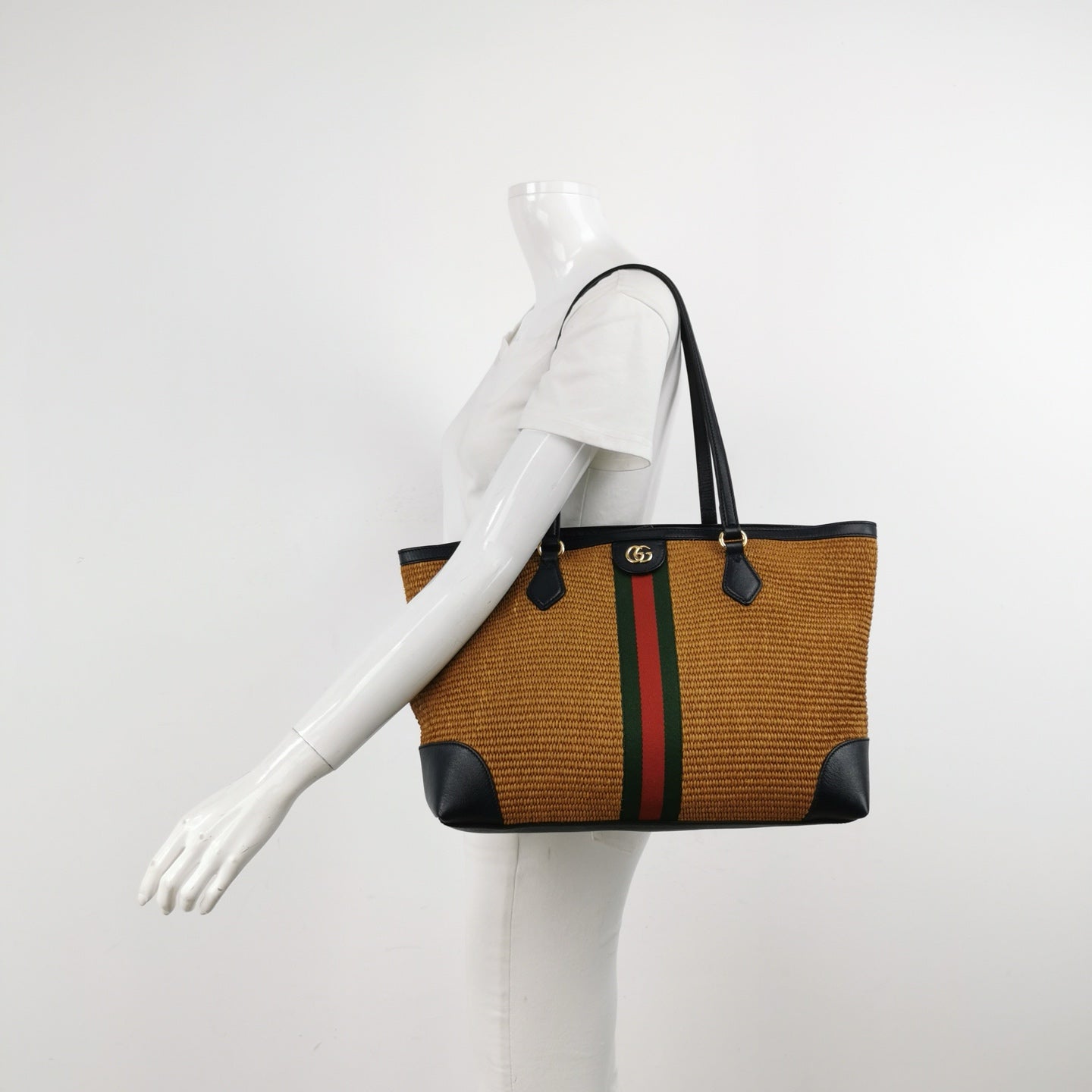 Gucci - Ophidia Raffia Tote Bag - Woven raffia with leather trim - Brown and Black with Red and Green stripe - (medium)