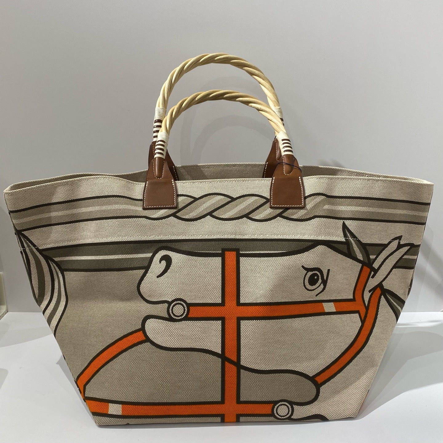 Hermès - Horse Head Beach Bag - Canvas with leather trim - Beige with Orange and Grey accents - (large)