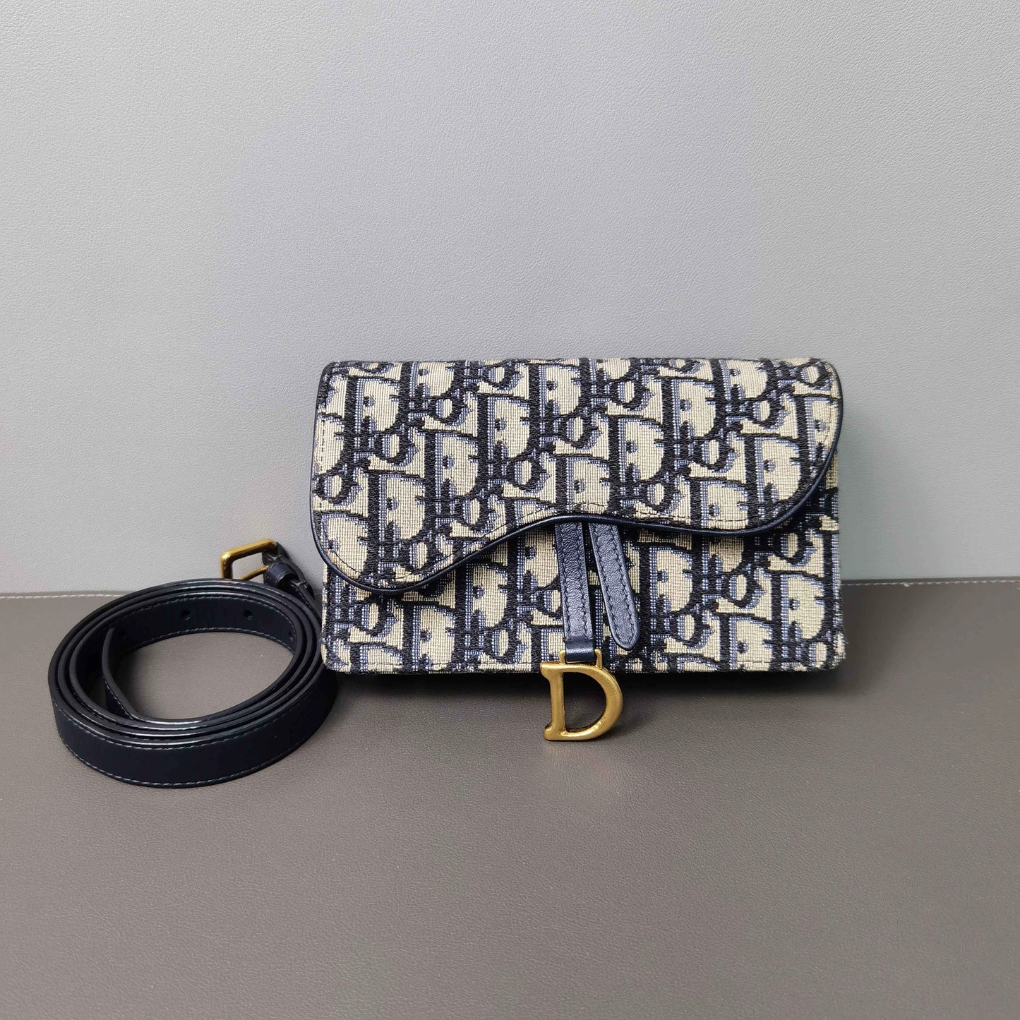 Dior - Saddle Belt Pouch - Oblique canvas with leather trim - Navy - (mini)