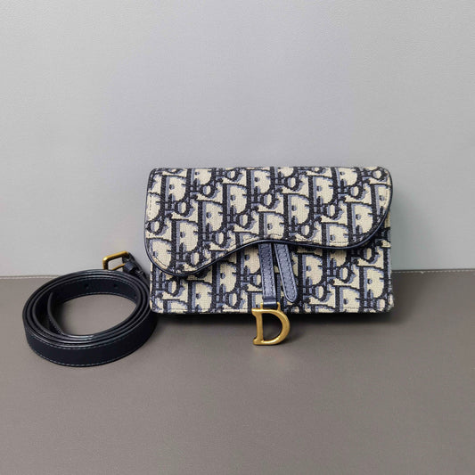Dior - Saddle Belt Pouch - Oblique canvas with leather trim - Navy - (mini)
