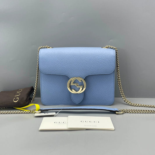 Gucci - Interlocking G Accordion Small Shoulder Bag - Pebbled leather - Blue - (Small)