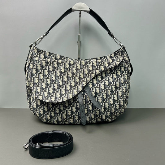 Dior - Saddle Soft Tote - Oblique jacquard canvas with pebbled leather trim - Beige and Navy with Black leather - (Small)