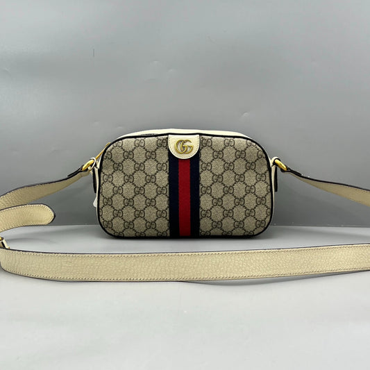 Gucci - Ophidia GG Small Camera Bag - GG Supreme canvas with grained leather trim - Beige and white with red and navy accents - (Medium)
