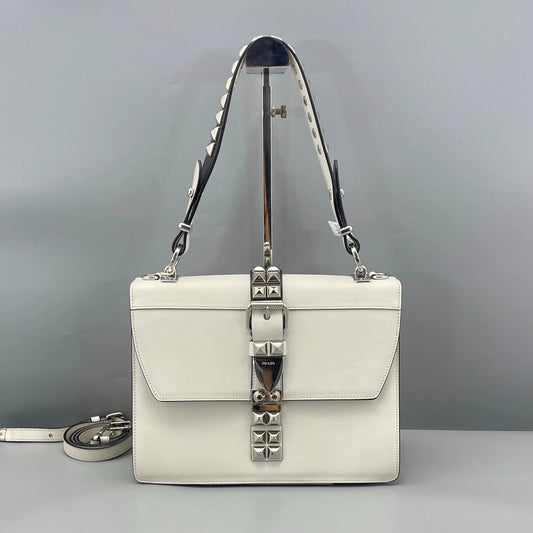 Prada - Riveted Accordion Flap Bag - Saffiano and smooth leather - White - (mini)