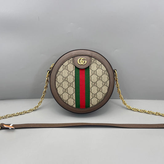 Gucci - Ophidia Round Mini Shoulder Bag - GG Supreme canvas with leather trim - Beige and ebony brown with red and green web stripe - (mini)