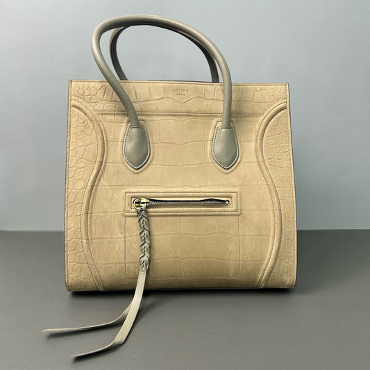 Celine - Phantom Luggage - Crocodile-embossed leather with a suede finish and smooth leather accents - Beige with Grey accents - (Large)