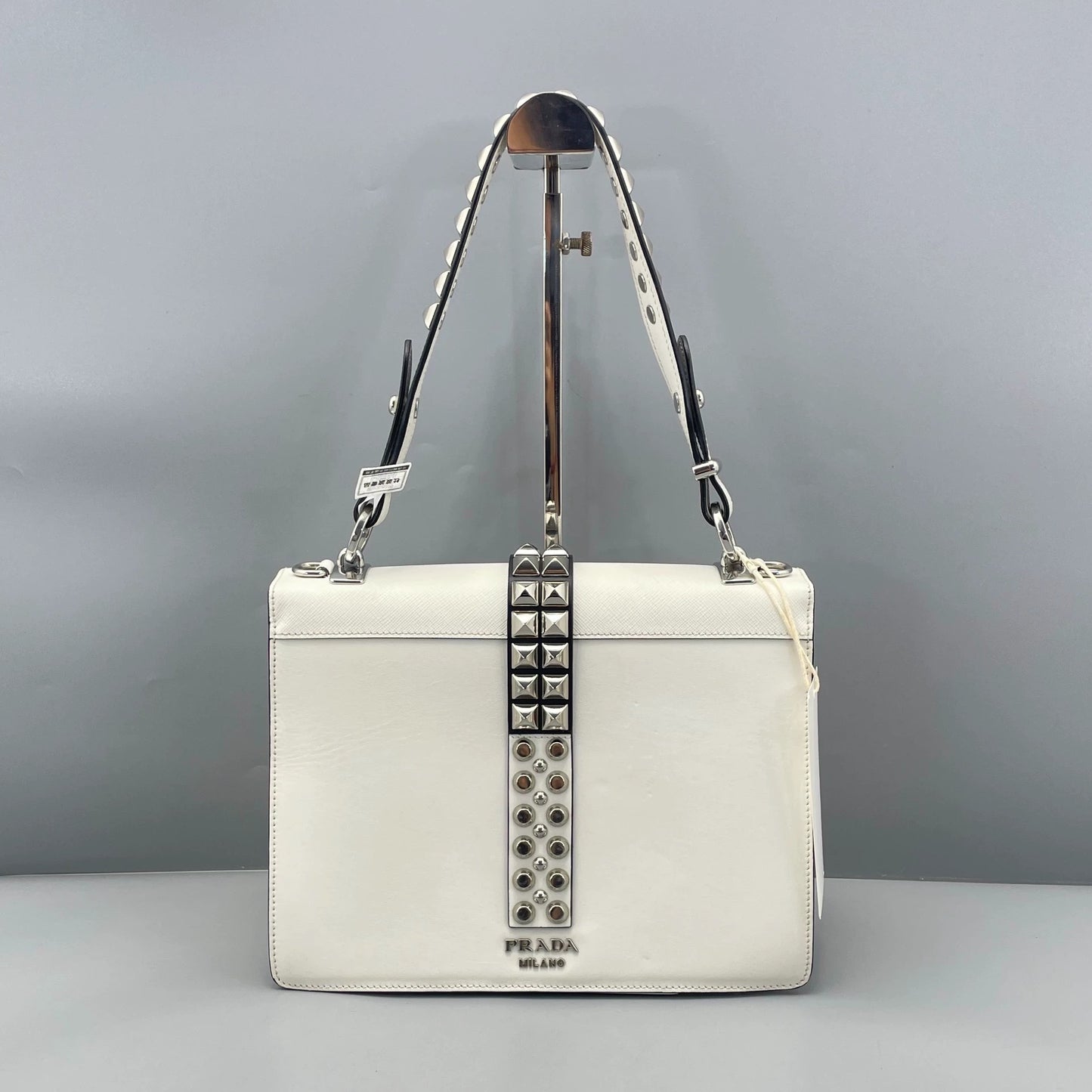 Prada - Riveted Accordion Flap Bag - Saffiano and smooth leather - White - (mini)
