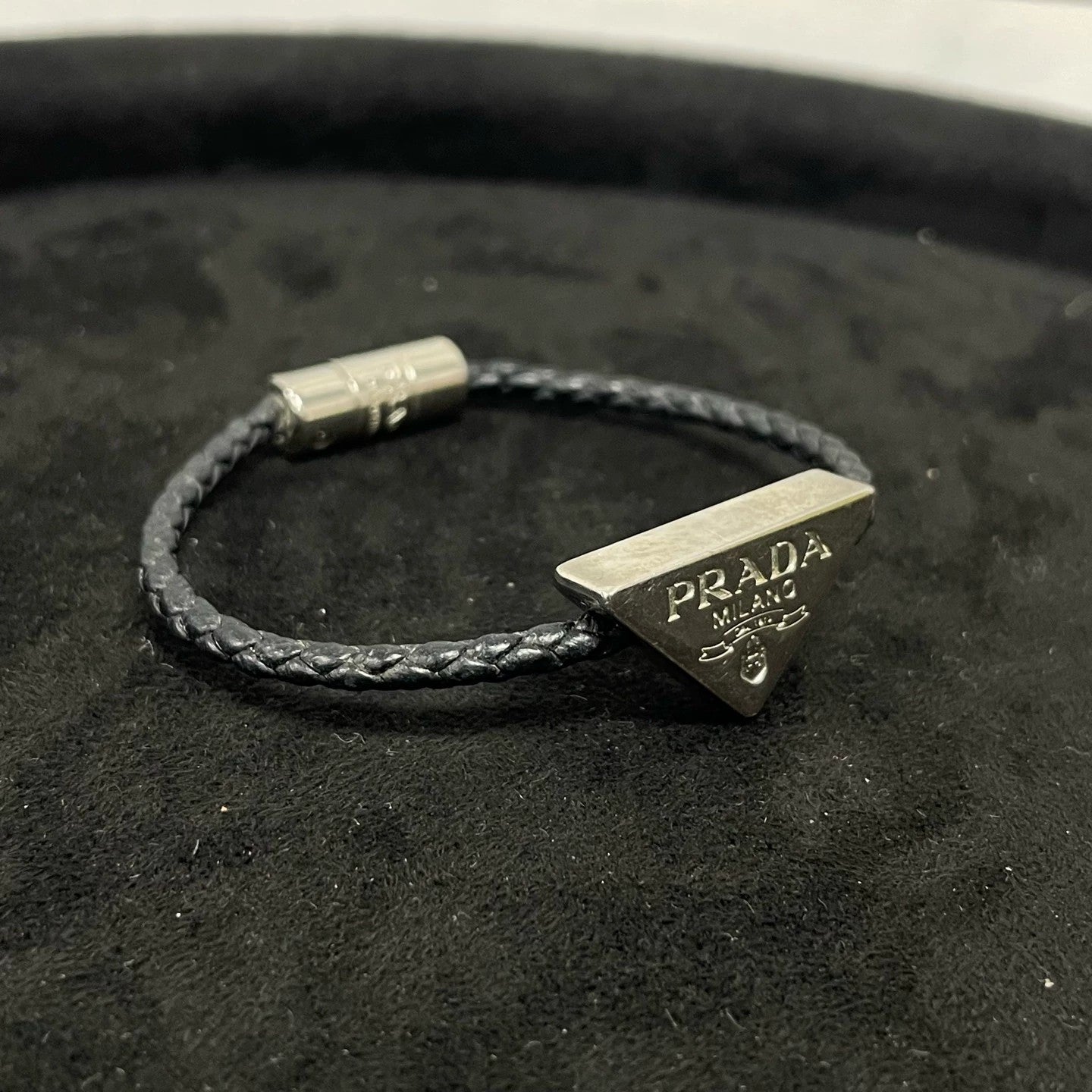 Prada - Woven Leather Bracelet with Triangle Logo - Leather - Black - (Small)