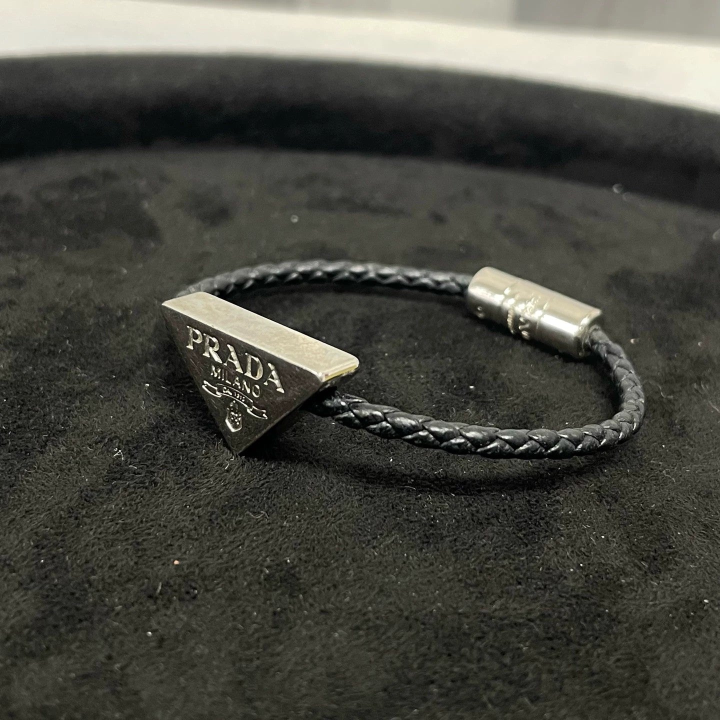 Prada - Woven Leather Bracelet with Triangle Logo - Leather - Black - (Small)