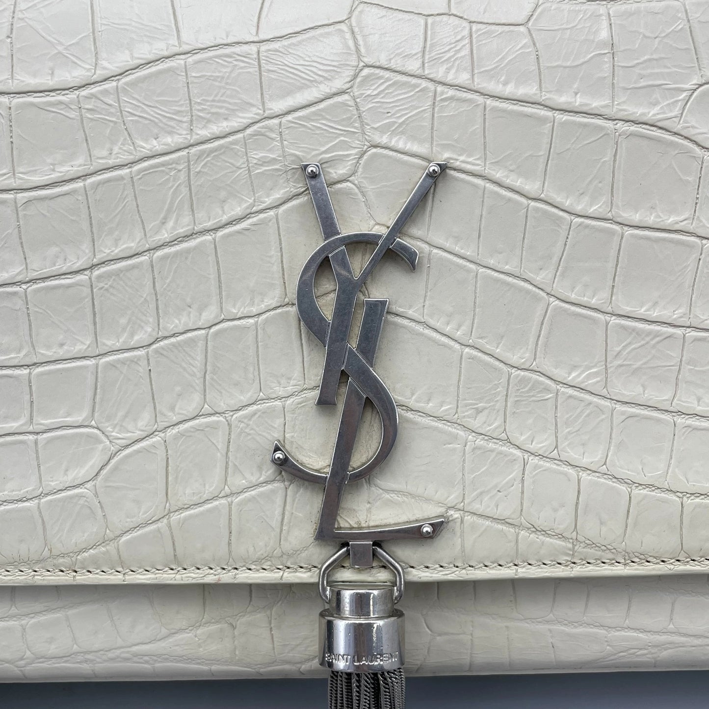 Saint Laurent - Kate Tassel Bag - Crocodile embossed leather - White - (medium)
