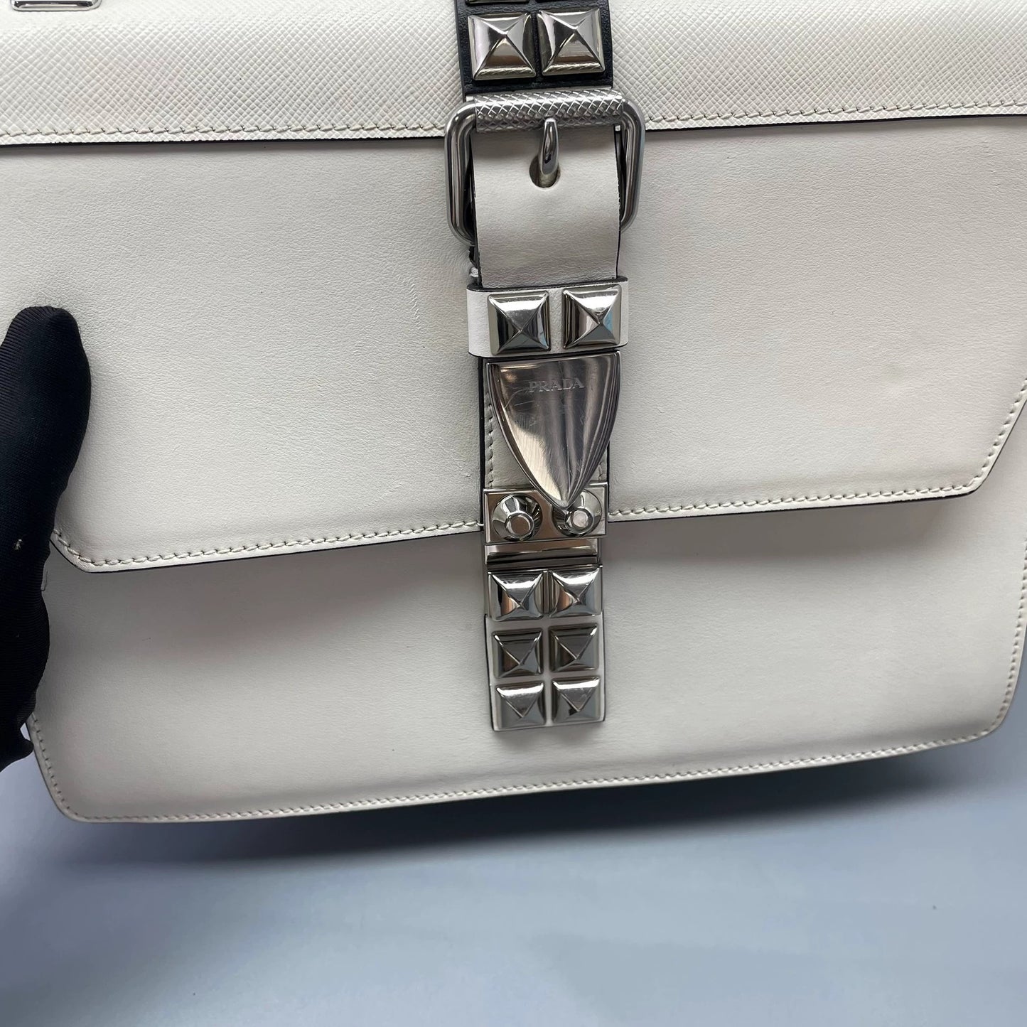 Prada - Riveted Accordion Flap Bag - Saffiano and smooth leather - White - (mini)