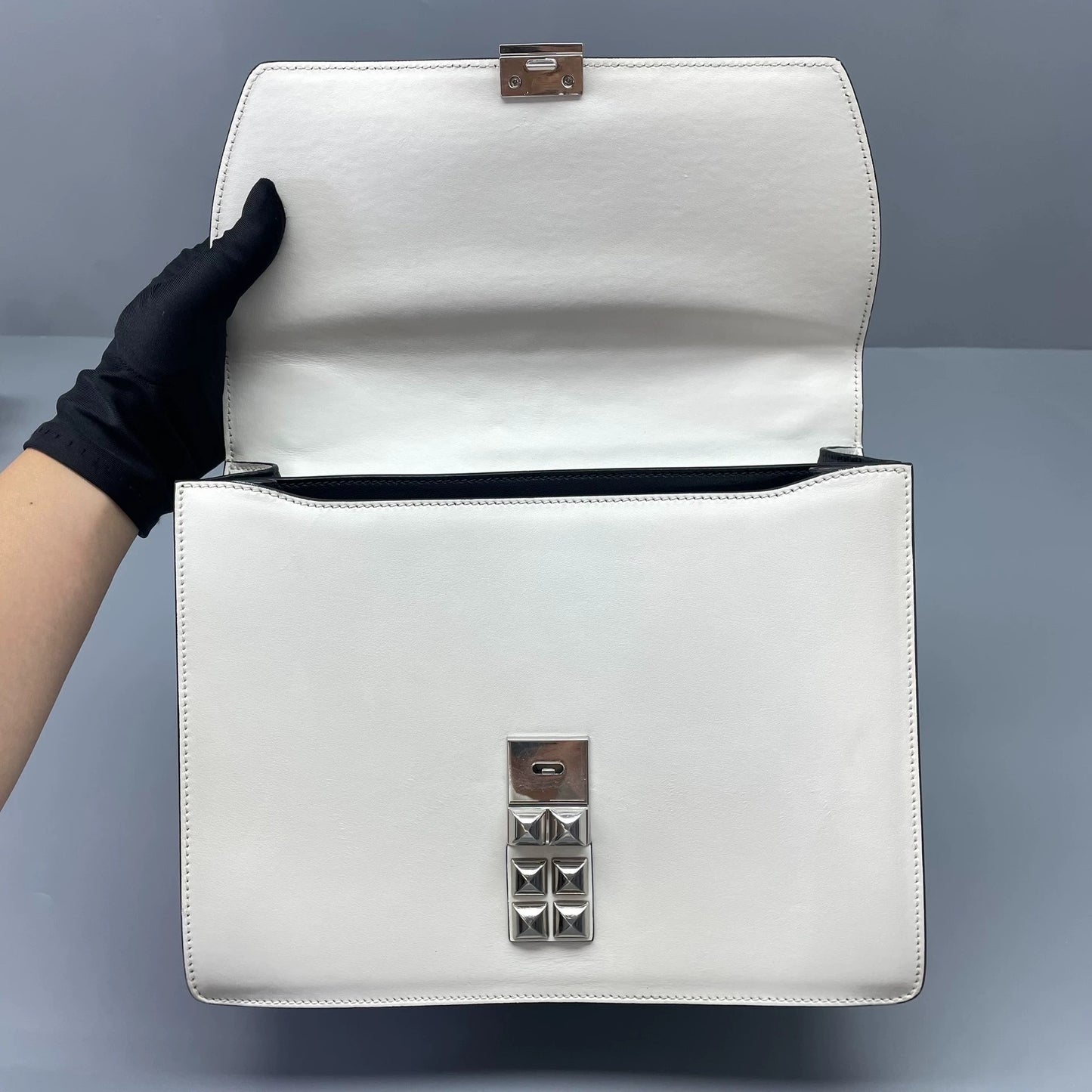 Prada - Riveted Accordion Flap Bag - Saffiano and smooth leather - White - (mini)