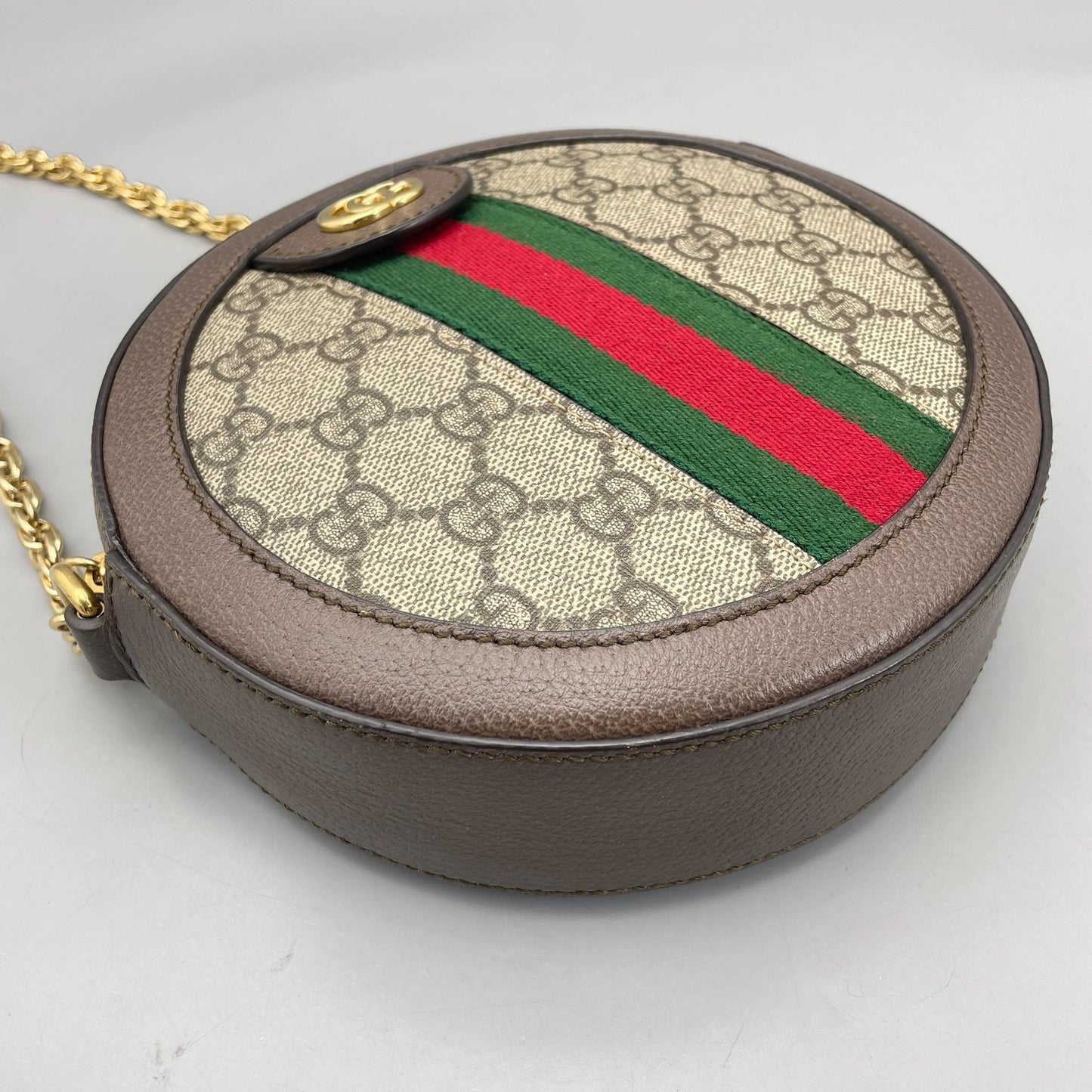 Gucci - Ophidia Round Mini Shoulder Bag - GG Supreme canvas with leather trim - Beige and ebony brown with red and green web stripe - (mini)