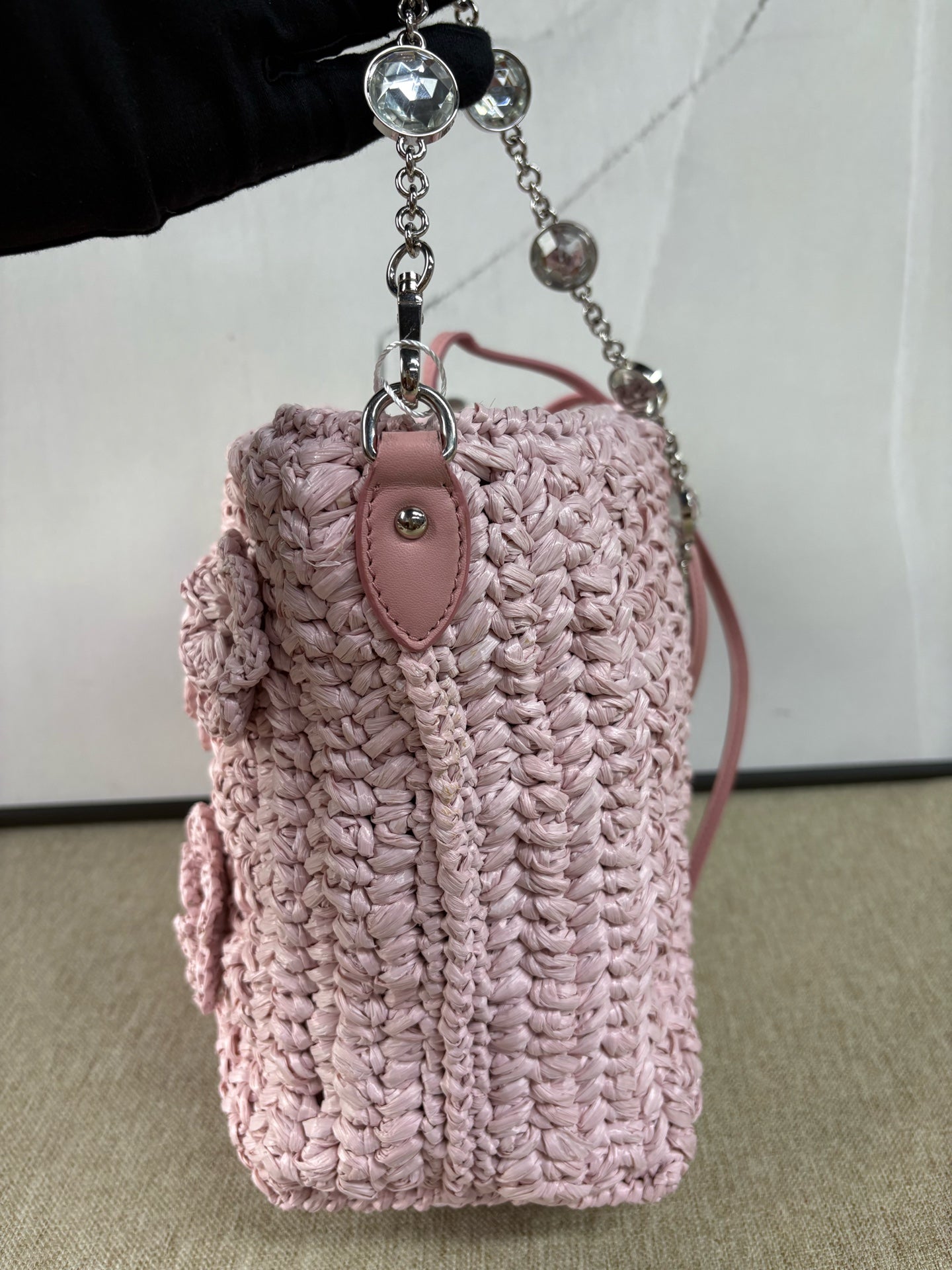 Miu Miu - Raffia Bucket Bag with Crystals - Raffia with leather trim and crystal embellishments - Pink - (Small)