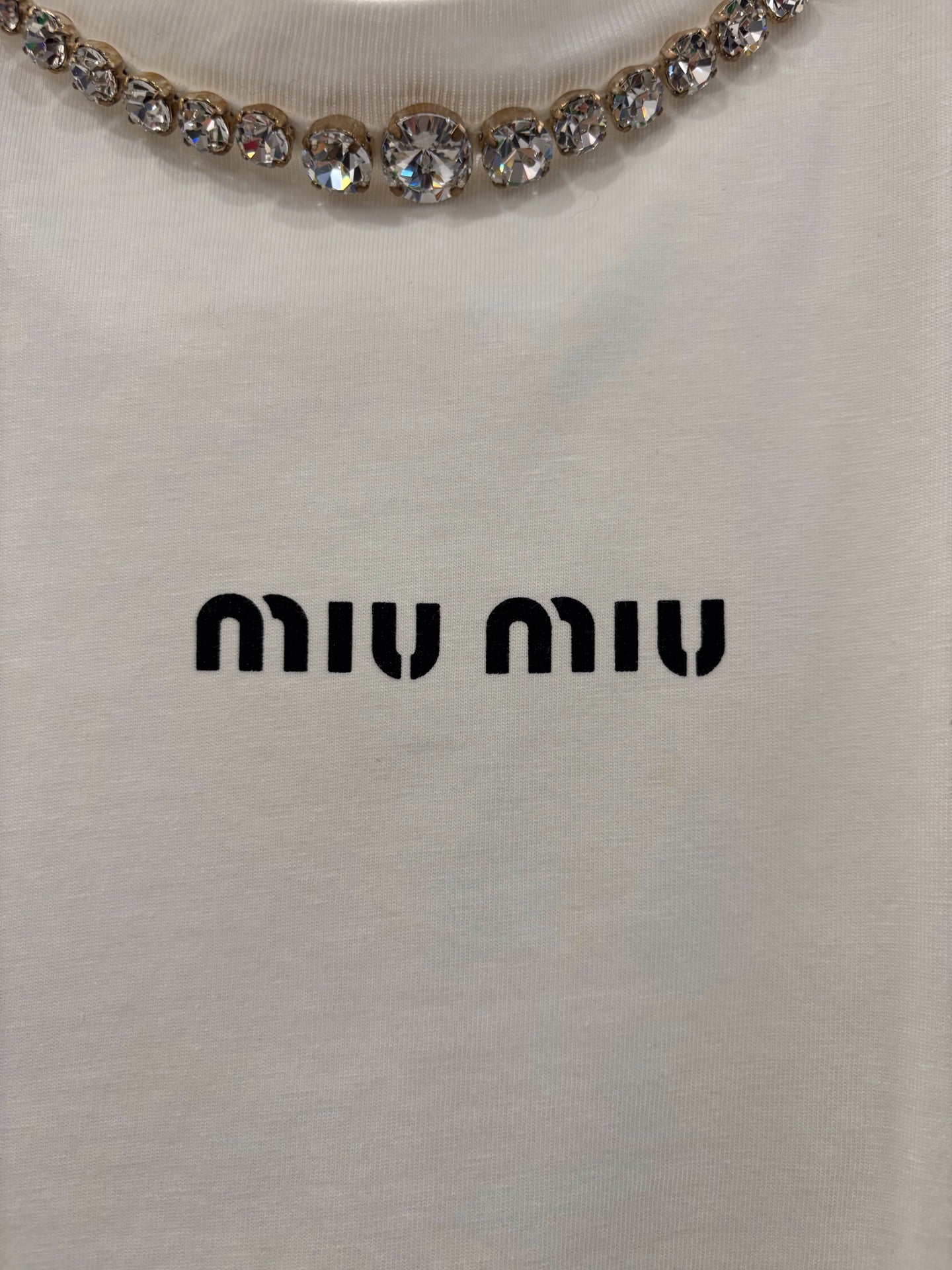 Miu Miu - Rhinestone Embellished Logo Long-Sleeve Cropped Tee - Cotton - White - (S)
