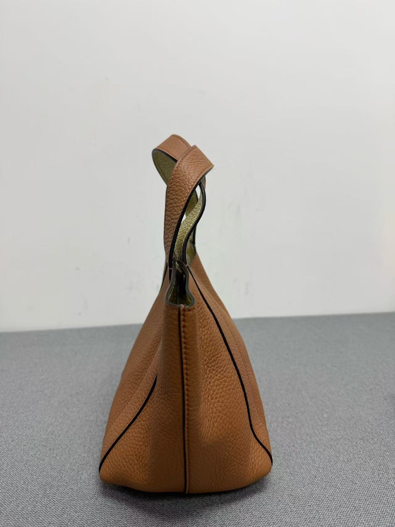 Monai - Basket Tote - Grained leather exterior with metallic leather interior - Tan with Gold interior - (mini)