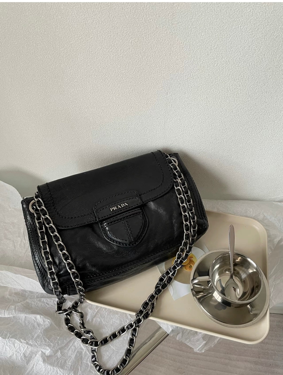 Prada - Shield flap crossbody bag - Leather - Black - (Other)
