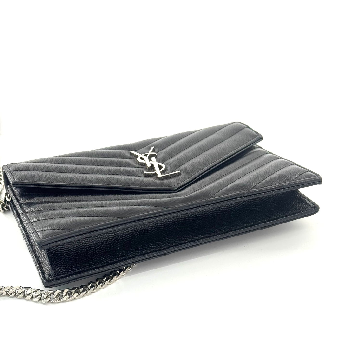 Saint Laurent - Envelope Chain Bag - Grain de poudre embossed calfskin - Black with Silver-Tone Hardware - (Small)
